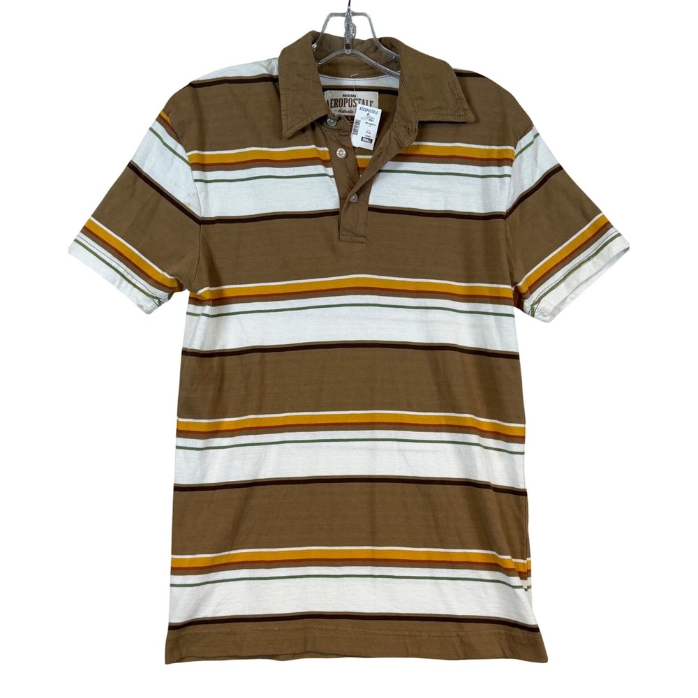 NWT Aeropostale Mens Small Brown Striped Short Sleeve Polo Shirt Retro 70s Prep - Picture 1 of 6